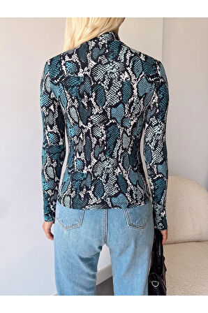 Kadın Mavi Desenli Dik Yaka Uzun Kol Viskon Bluz