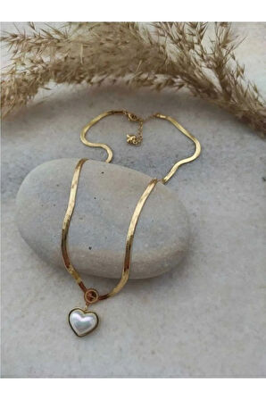 Çelik Altın Renk Kalp Sedef Italyan Zincir Kolye
