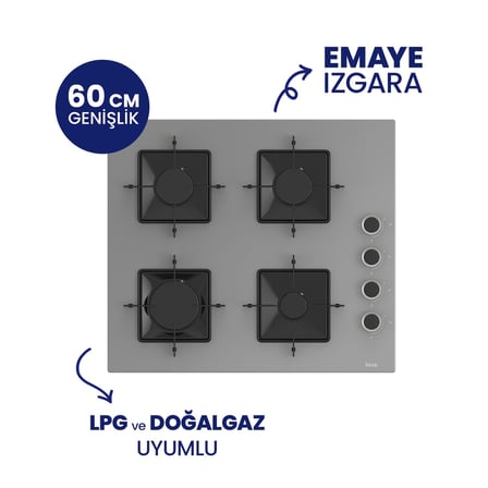 Ferre SS208 Gri Cam Ankastre Ocak - Kare Emaye Izgara 60 CM