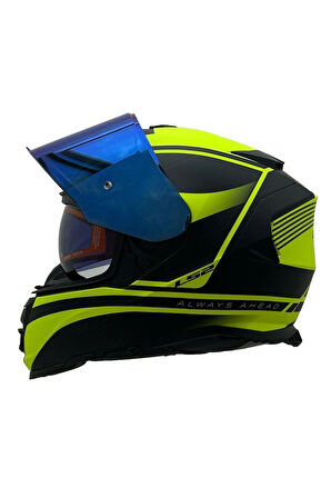 STORM 2 DODGER MAT SİYAH-NEON SARI KASK MAVİ CAM