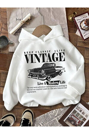 Kız\Erkek Çocuk Beyaz Vintage  Baskılı Kapşonlu Sweatshirt