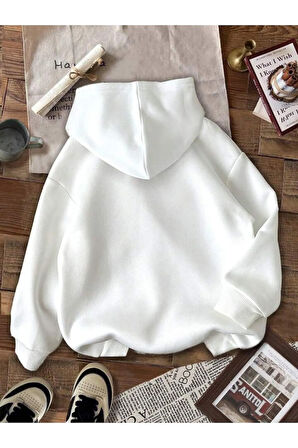 Kız\Erkek Çocuk Beyaz Vintage  Baskılı Kapşonlu Sweatshirt