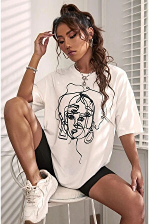 MoonLife Kadın Kırmızı Yüz Baskı Detaylı Oversize T-shirt kırmızırenklileryüzdetaylı