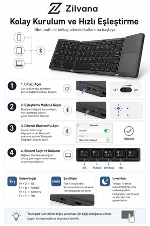 Touchpad'li 3'e Katlanabilir Bluetooth Klavye - Çoklu Cihaz Destekli Ultra İnce Seyahat Klavyesi