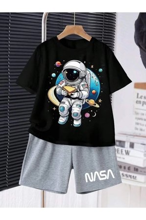 Yazlık NASA baskılı erkek çocuk şortlu takım SİYAH t-shirt ve Alt Gri