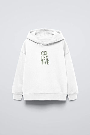 Siyah Kapüşonlu Collective Yazılı Arka Fly Kn It Yazılı Oversize Çocuk Sweatshirt