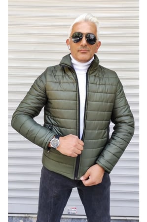 Şişme Yatay Şeritli Bej Rengi Slim Fit Mont