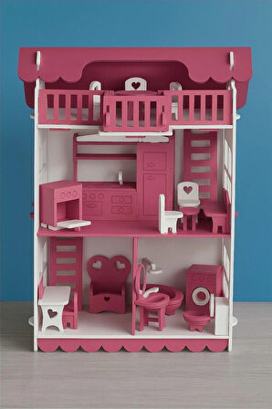 Ahşap Oyun Evi 32 Parça Koyu Pembe