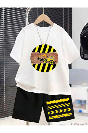 Çocuk Tasarım İş Makinesi Danger Çizgi Baskılı T-Shirt Şort Alt Üst Takım Pamuk