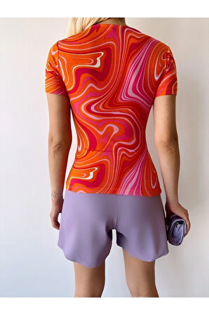 Kadın Turuncu Krema Desen Kare Yaka Kısa Kol Viskon Bluz