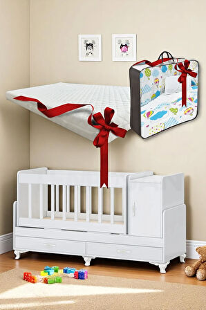 Anne Yanı, Sallanır, Büyüyen Bebek Beşiği, Yataklı, Mavi Uyku Setli, Çekmeceli, Kapaklı 60 X 120