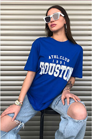 Unisex Houston Baskılı Saks Mavi T-shirt Bycoolmen