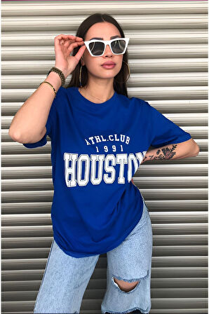 Unisex Houston Baskılı Saks Mavi T-shirt Bycoolmen