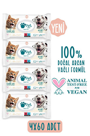 Kediler Ve Köpekler Için Evcil Hayvan Temizleme Mendili 4x60 Adet 100% Doğal Argan Yağlı