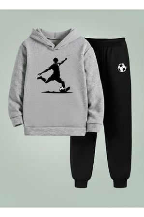 Erkek Çocuk Kapüşonlu Takım ŞUT - GOL Baskılı 3 İplik Şardonlu Sweatshirt - Eşofman Takım