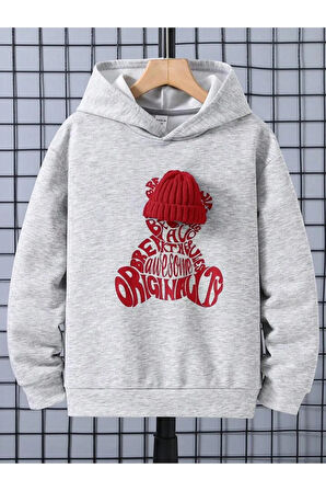 Kız\Erkek Çocuk Gri Kırmızı Bereli Baskılı Kapşonlu Sweatshirt