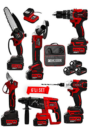 Profesyonel 21v Bez Çantalı Kömürsüz Darbeli 6'lı Set Kırmızı