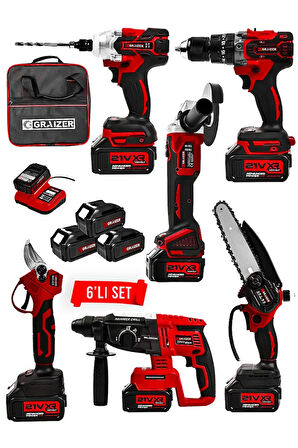 Profesyonel 21v Bez Çantalı Kömürsüz Darbeli 6'lı Set Kırmızı