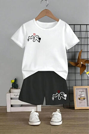 Unisex Çocuk Tasarım Kedi Köpek Baskılı %100 Pamuk T-Shirt Şort Alt Üst Takım