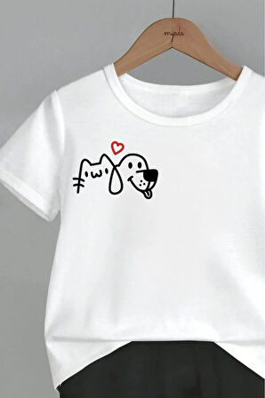 Unisex Çocuk Tasarım Kedi Köpek Baskılı %100 Pamuk T-Shirt Şort Alt Üst Takım