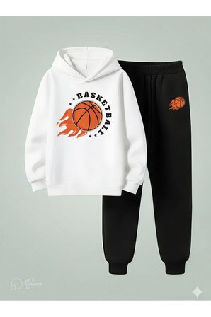 Çocuk Erkek Kapüşonlu Takım BASKET TOPU 3 İplik Şardonlu Sweatshirt - Eşofman Takım