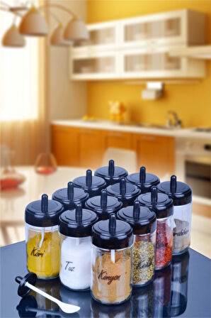 Cam 12 Adet Kapağı Kendinden Kaşıklı Cam Baharatlık Seti Ve 30 Adet Suya Dayanıklı Şeffaf Etiket-30