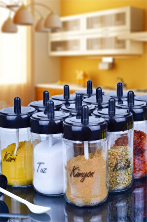 Cam 12 Adet Kapağı Kendinden Kaşıklı Cam Baharatlık Seti Ve 30 Adet Suya Dayanıklı Şeffaf Etiket-30