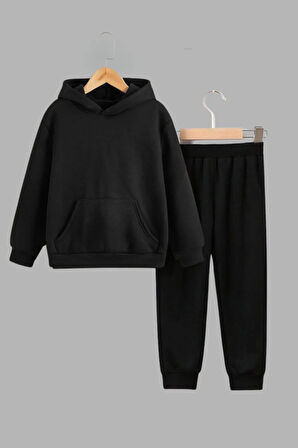 Unisex Çocuk Siyah Kapüşonlu Sweatshirt ve Eşofman Altı Takımı Düz Baskısız