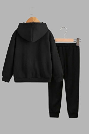 Unisex Çocuk Siyah Kapüşonlu Sweatshirt ve Eşofman Altı Takımı Düz Baskısız
