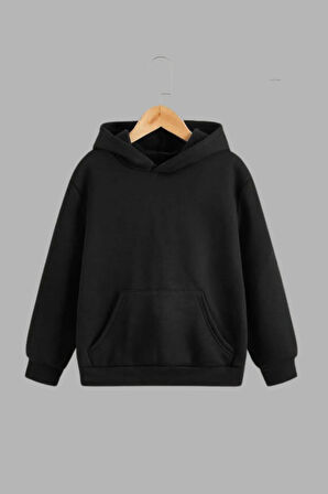 Unisex Çocuk Siyah Kapüşonlu Sweatshirt ve Eşofman Altı Takımı Düz Baskısız