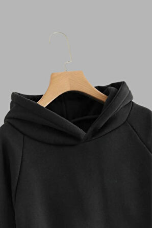 Unisex Çocuk Siyah Kapüşonlu Sweatshirt ve Eşofman Altı Takımı Düz Baskısız