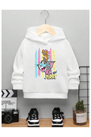 Çocuk Tasarım Tom And Jerry Renk Baskılı Kapüşonlu Sweatshirt Pamuklu
