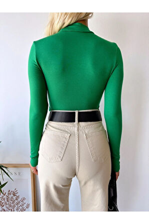 Kadın Yeşil Dik Yaka Uzun Kol Viskon Bluz