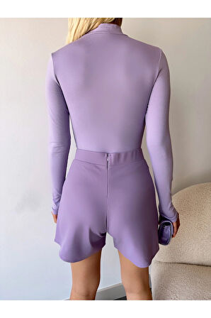 Kadın Eflatun Dik Yaka Uzun Kol Viskon Bluz