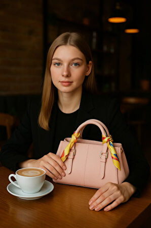 Kadın Şık Deri Görünümlü Fular Detaylı Omuz ve El Çantası