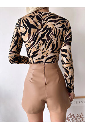 Kadın Kahverengi Sonbahar Desen Kare Yaka Uzun Kol Viskon Bluz