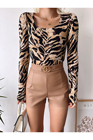 Kadın Kahverengi Sonbahar Desen Kare Yaka Uzun Kol Viskon Bluz