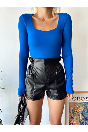 Kadın Mavi Kare Yaka Uzun Kol Viskon Bluz