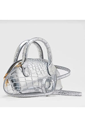 Kadın Parlak Mini Kroko Desen Fermuaralı Kısa ve Uzun Askılı El, Omuz Çantası