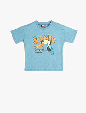 Erkek Bebek Tişört Bisiklet Yaka Kısa Kollu Papağan Baskılı Pamuklu