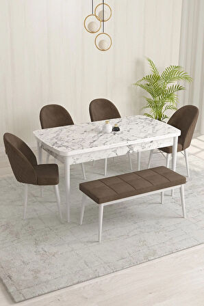 Marsilya Beyaz Mermer Desen 80x132 MDF Açılabilir Mutfak Masası Takımı 4 Sandalye, 1 Bench