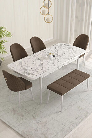 Marsilya Beyaz Mermer Desen 80x132 MDF Açılabilir Mutfak Masası Takımı 4 Sandalye, 1 Bench