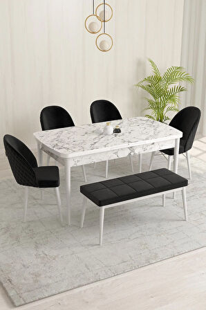 Marsilya Beyaz Mermer Desen 80x132 MDF Açılabilir Mutfak Masası Takımı 4 Sandalye, 1 Bench