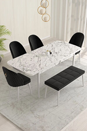 Marsilya Beyaz Mermer Desen 80x132 MDF Açılabilir Mutfak Masası Takımı 4 Sandalye, 1 Bench