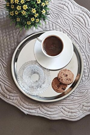 6 Adet Lüx 21,5 Cm Gümüş Yuvarlak Servis Sunum Tepsisi