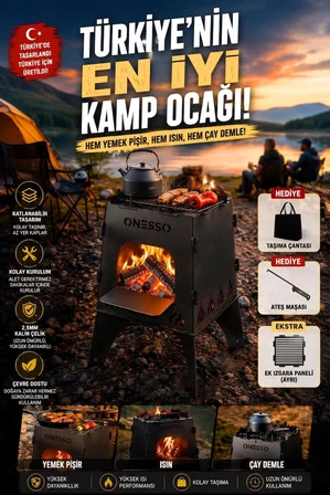 ONESSO Camp Katlanabilir Ateş Kutusu Kamp Ocağı 2.5mm Kalın Çelik - Taşıma Çantası Hediyeli, Portatif Izgaralı Odun Sobası, 3'ü Bir Arada Yemek & Çay & Isınma