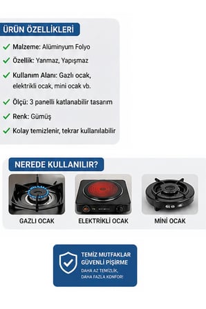 4'lü Katlanabilir Alüminyum Ocak Yağ Koruyucu Folyo Sıçrama Önleyici Panel 33 cm