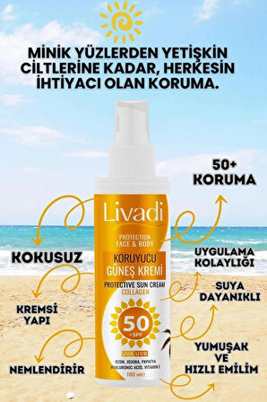 Güneş Kremi Yüksek Koruma Spf 50+ Collagen Ozon Jojoba Papatya Hyaluronic Acid Yüz Ve Vücut 100ml