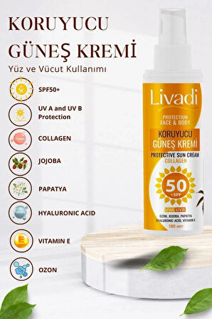 Güneş Kremi Yüksek Koruma Spf 50+ Collagen Ozon Jojoba Papatya Hyaluronic Acid Yüz Ve Vücut 100ml