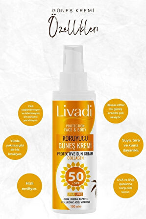 Güneş Kremi Yüksek Koruma Spf 50+ Collagen Ozon Jojoba Papatya Hyaluronic Acid Yüz Ve Vücut 100ml